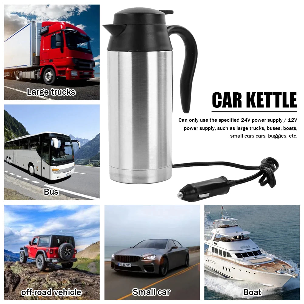 12/24V Car Electric Kettle Stainless Steel 750ml Kettle Pot Heated Boil Dry Protection Heating Travel Cup Kettle Quick Boiling