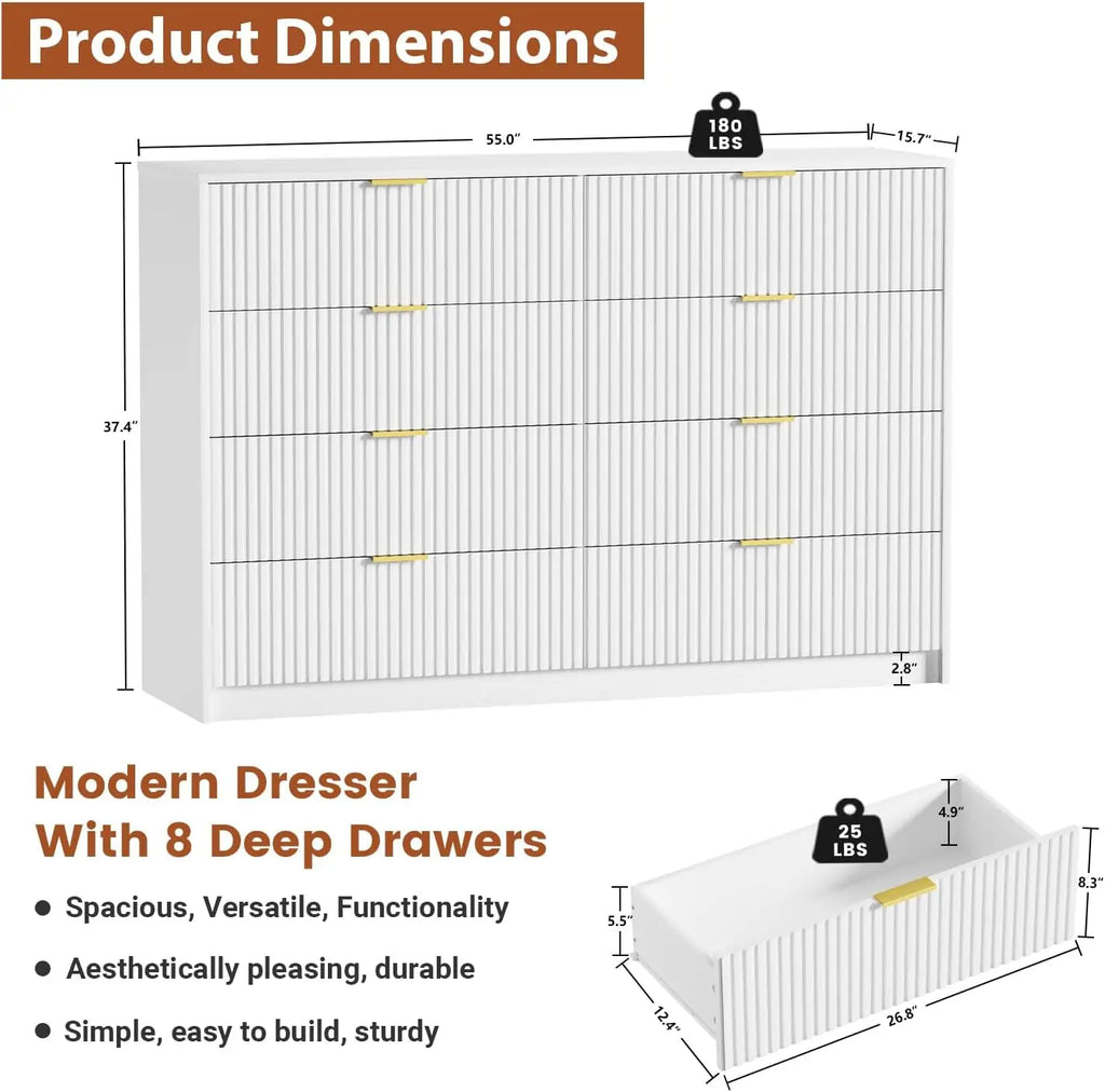 Large White Dresser with 8 Drawers, 55" Wide Dressers & Chests of Drawers with Large Capacity Storage