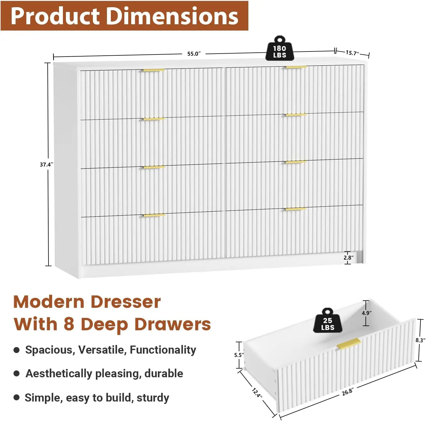 Large White Dresser with 8 Drawers, 55" Wide Dressers & Chests of Drawers with Large Capacity Storage