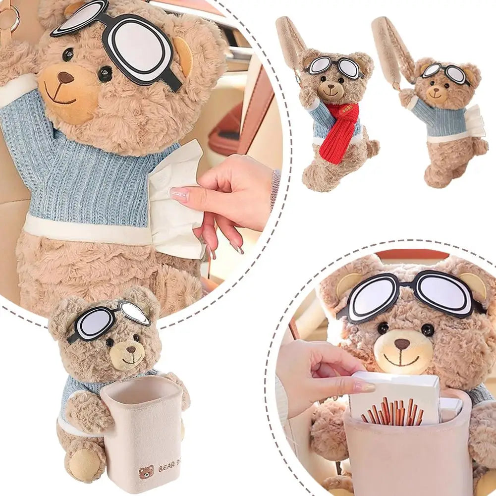 Creative Car Tissue Box Car Paper Box Cute Cartoon Interior Ornaments Short Plush Bear Multi-functional Storage Bag For Home