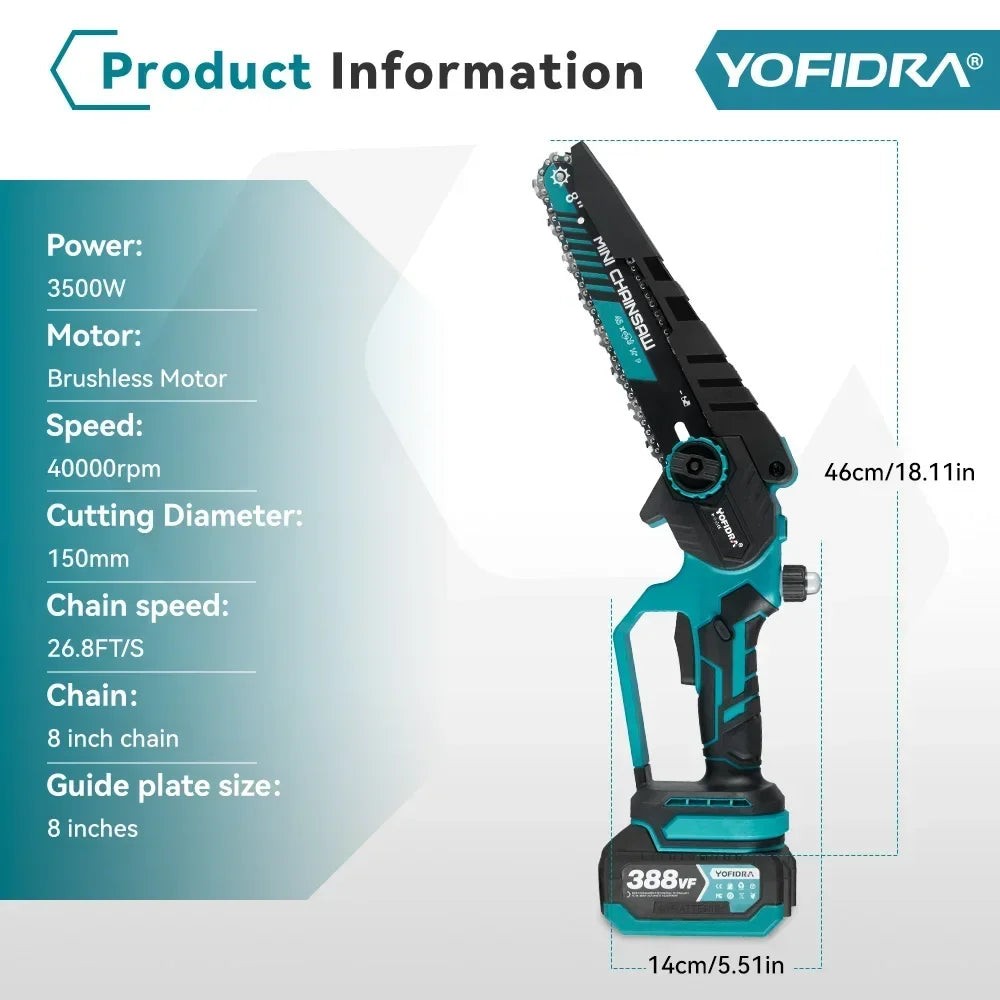 YOFIDRA 8 Inch Brushless Electric Chainsaw Cordless Rechargeable Garden Woodworking Cutting Power Tools For Makita  Battery Pin