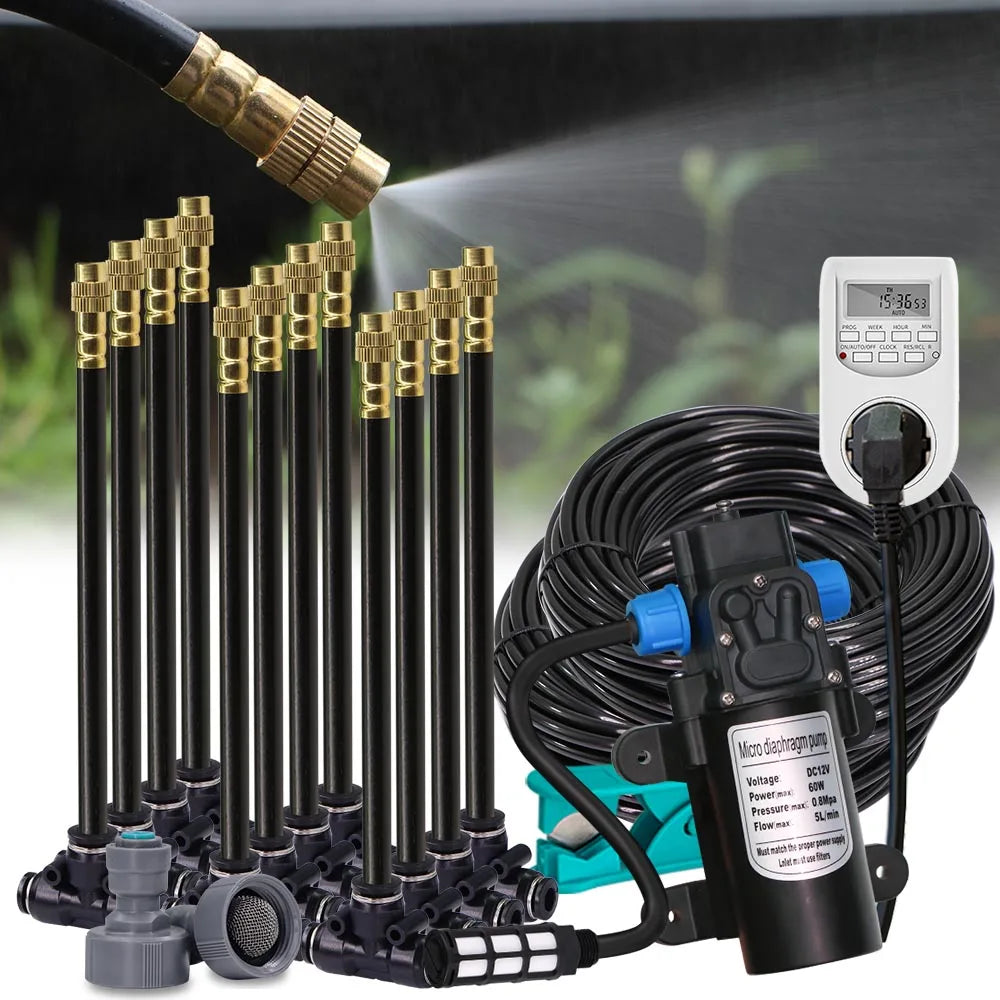 60w Self-priming Pump Garden Misting Cooling System 360° Free-bend Misting Nozzle Adjustable Fine Atomizer for Outdoor Watering