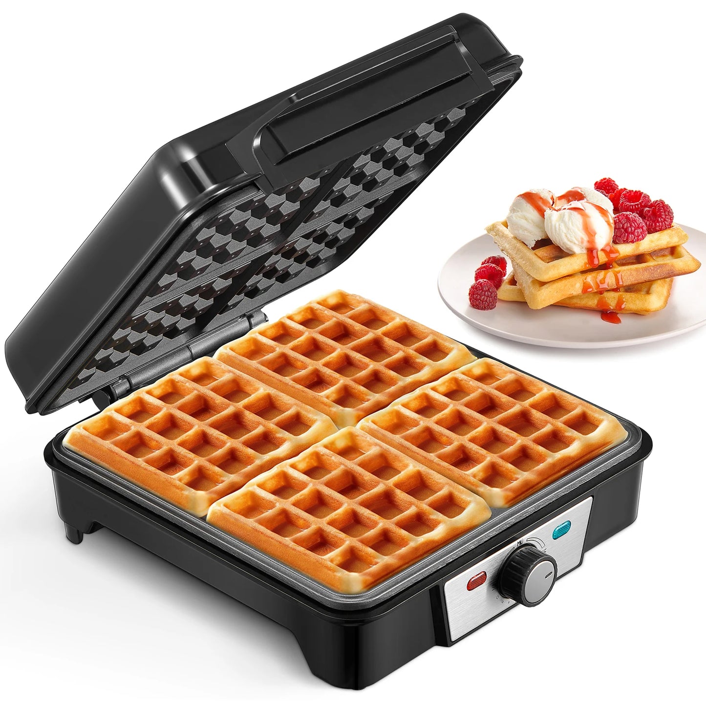 4-Slice Belgian Waffle Maker, 3 Browning Levels with Nonstick Square Waffler Iron Plates, 1200 Watts, Compact Design