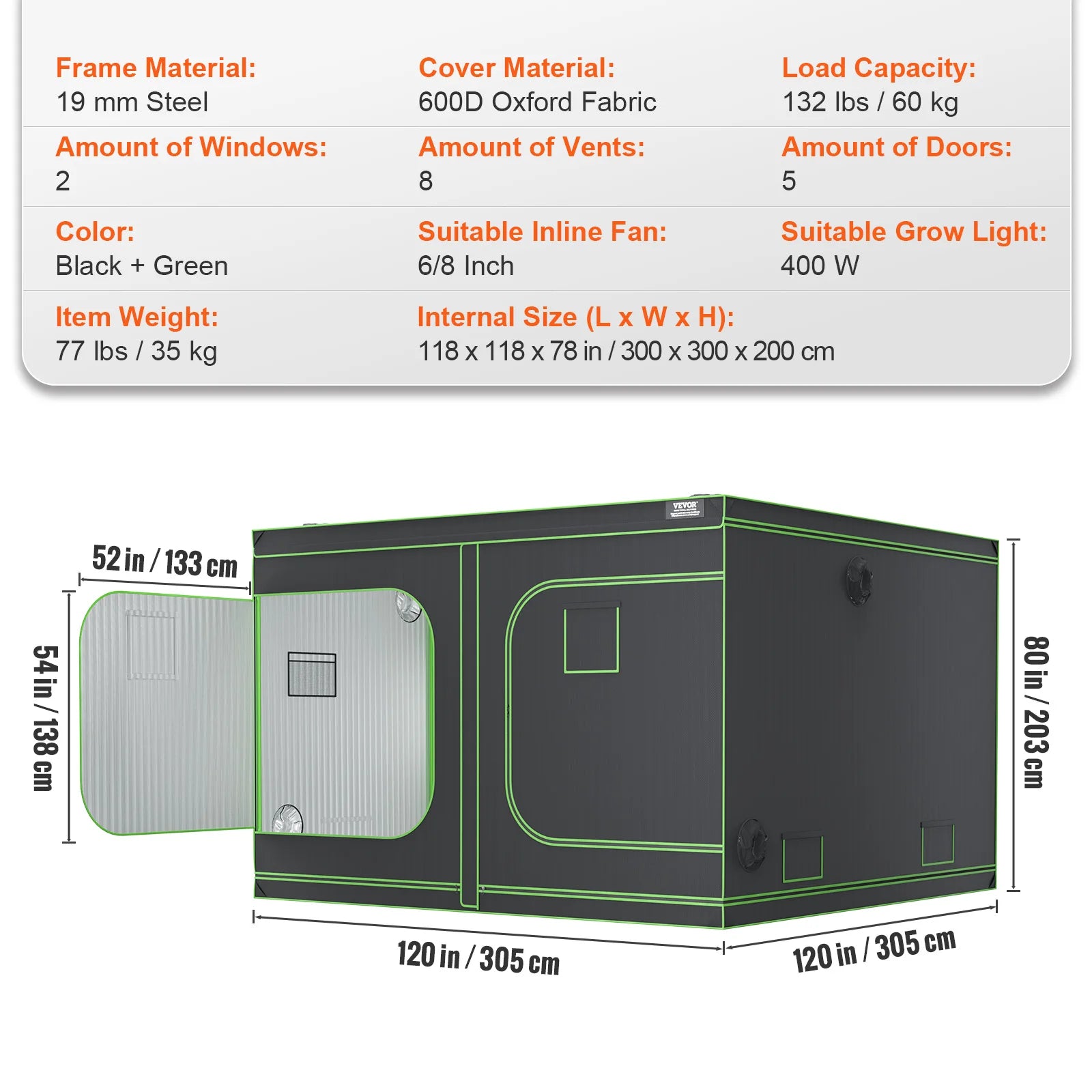 VEVOR 10x10 Grow Tent High Reflective 600D-2000D Mylar Hydroponic Growing Tent with Observation Window Tool Bag for Plants Grow