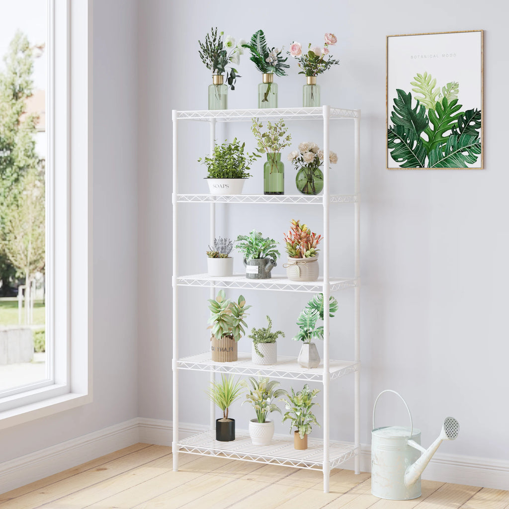 five-layer display stand without wheels with adjustable feet, freely adjustable layer spacing, iron 74*34*150cm, matte white