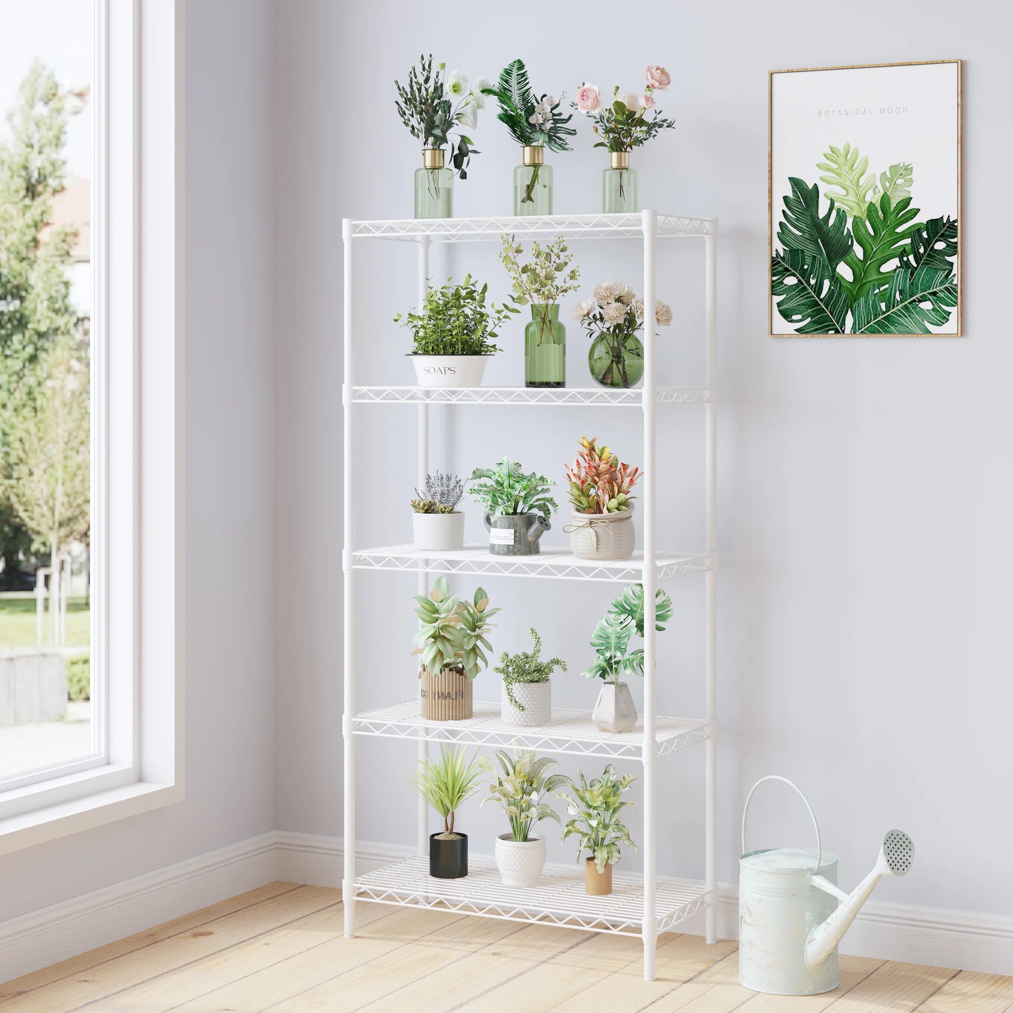 five-layer display stand without wheels with adjustable feet, freely adjustable layer spacing, iron 74*34*150cm, matte white