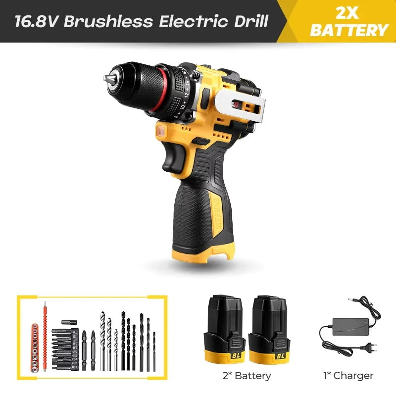 BABEQ 16.8V Brushless Electric Drill 80NM 2 IN 1 Cordless Drill 10MM Chuck Mini Electric Screwdriver Tools Lithium Ion Battery