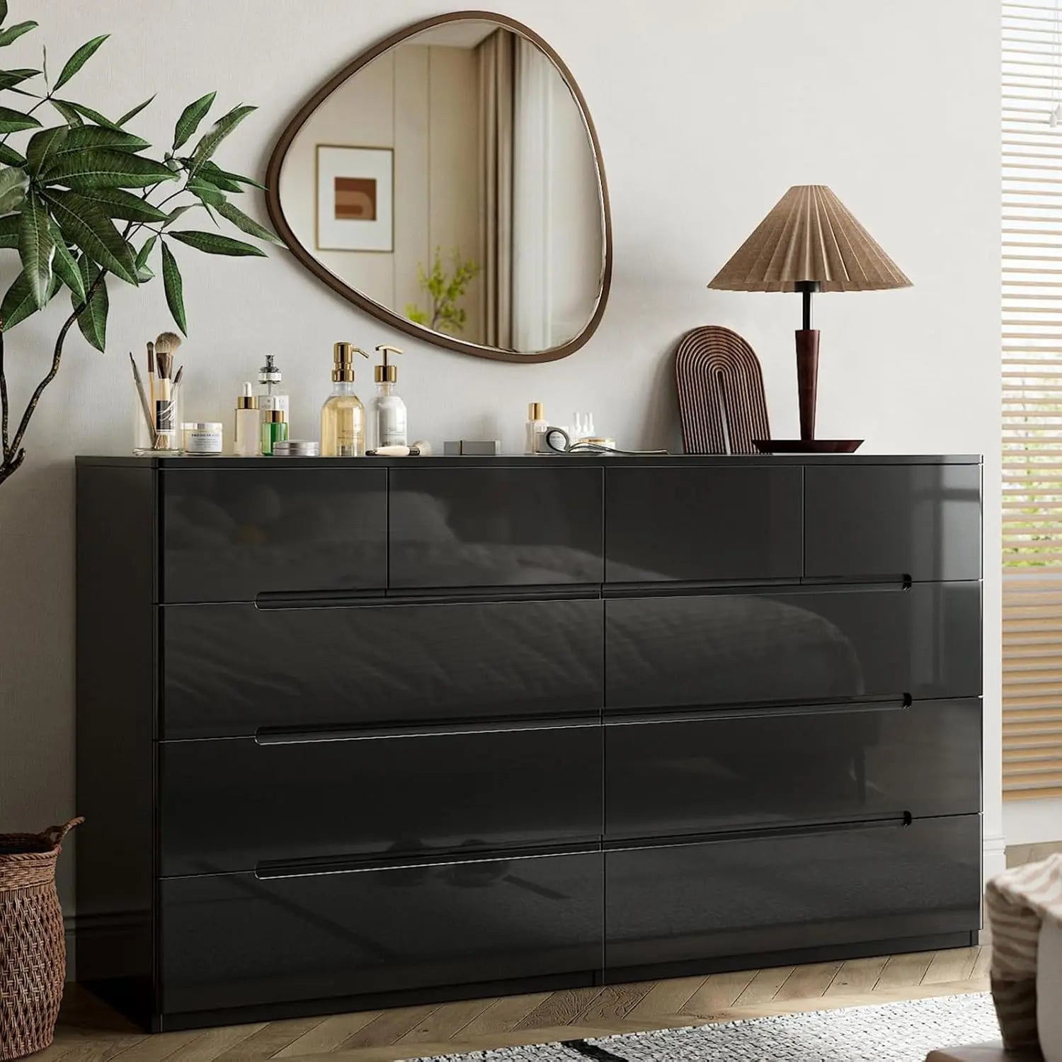 10 Drawer Dresser, Black Dresser for Bedroom, High Gloss Modern Dresser & Chest of Drawers, 55" Long Dresser TV Stand, Large