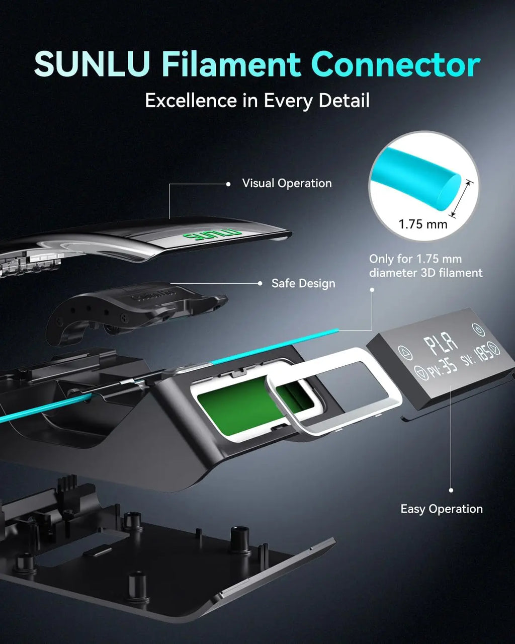 SUNLU Filament Connector FC01 for 1.75mm PLA/ABS/PETG/PA/PC Filament Fast Welding Splicer Simple to Use with 200pcs PTFE Sleeve