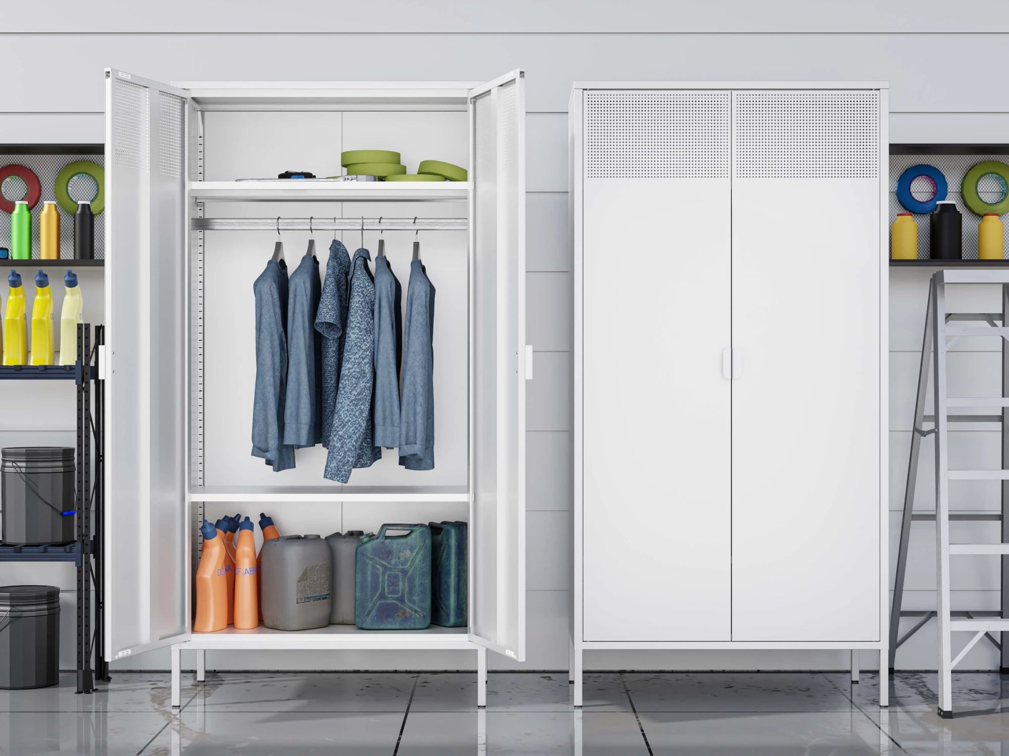 71 Inches White Metal Wardrobe Cabinet with Hanging Rod, Metal Armoire Wardrobe Closet with Doors for Bedroom, Office.