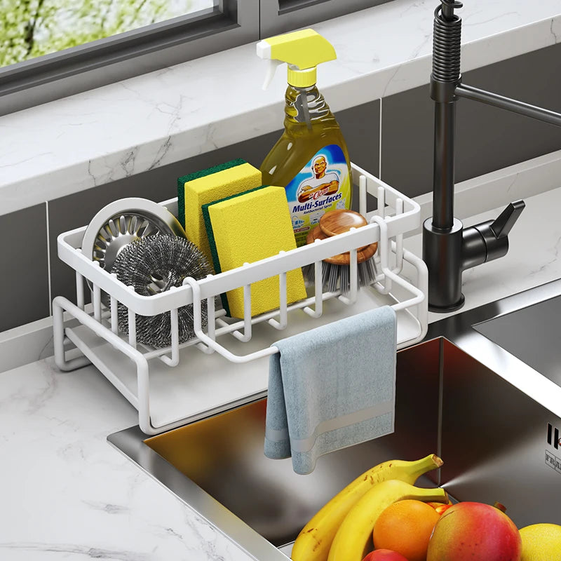 Kitchen Spice Storage Shelf with Drainage Rack, Installation Sink Organizer, Tap-Mounted Shelf for Home Kitchen Accessories