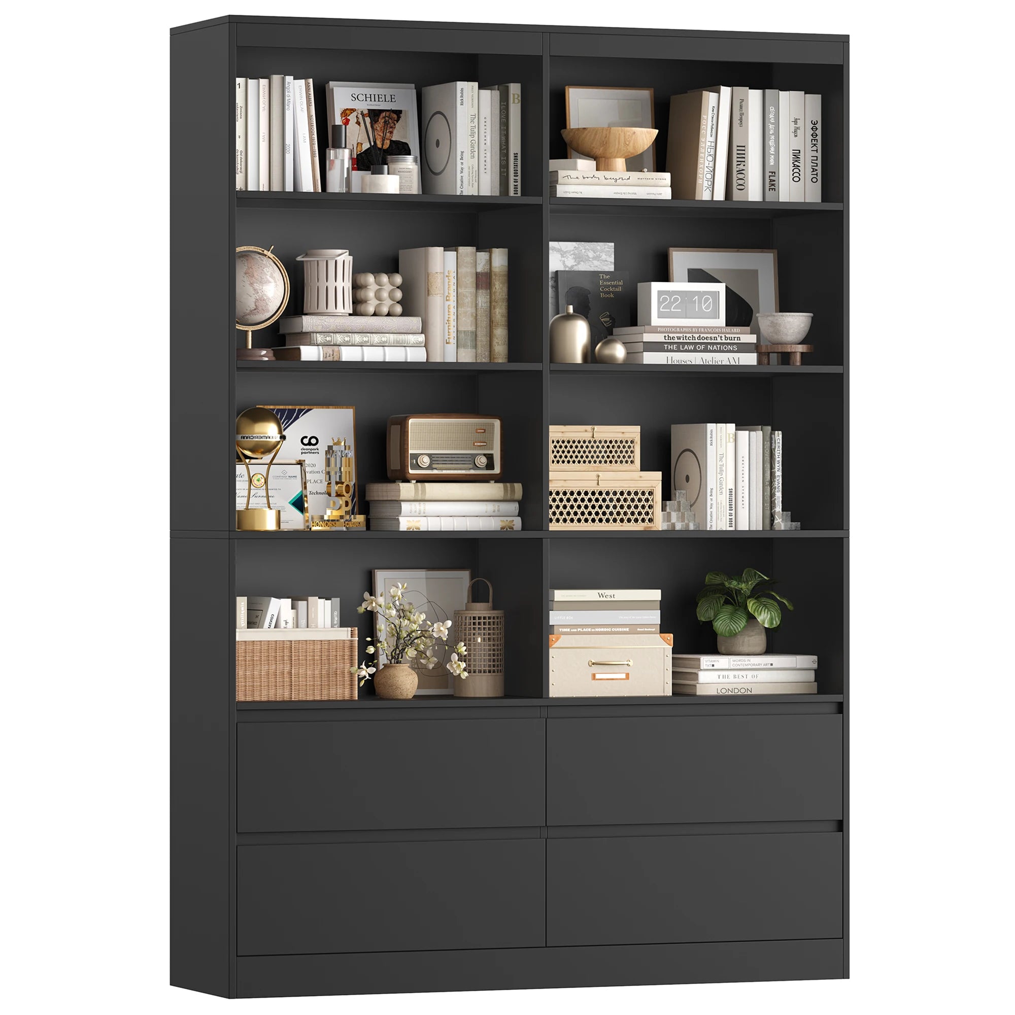 Getone Bookshelf 6 Tier Bookcase White with Drawers 8 Open Compartments Bookshelf Living Room Bookcase  Tall Shelving Unit Free Standing Display Cabinet for Office Home 180x120x30cm
