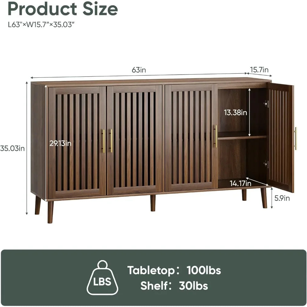 "63” Long Sideboard Buffet with 4 Louvered Doors – Farmhouse Storage Cabinet Featuring Gold Handles & Coffee Bar Design"