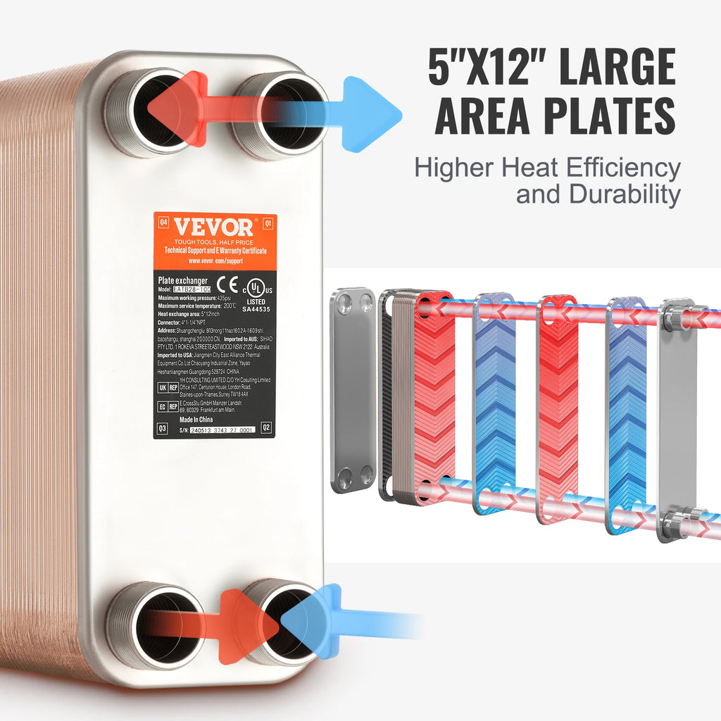 VEVOR Heat Exchanger 5"x 12" 80 Plates Brazed Plate Stainless Steel For Floor Heating Water Heating Snow Melting Beer Cooling