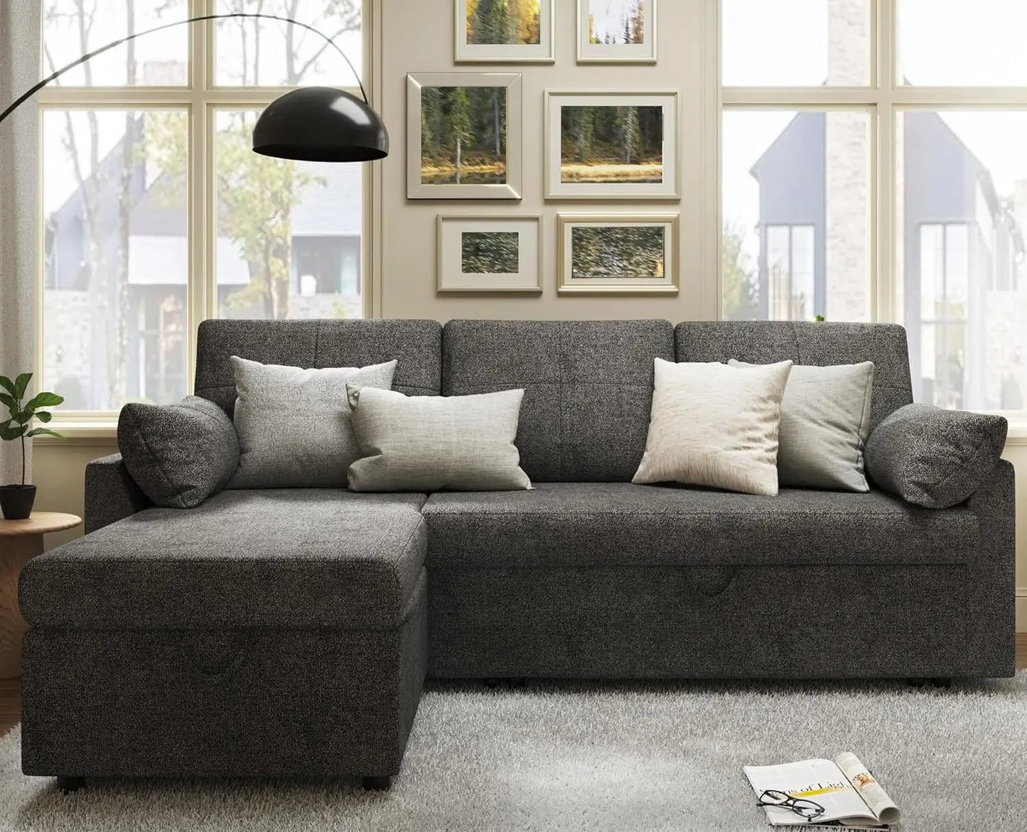 Grey Linen Sleeper Sofa / Sofa Bed - 2-in-1 Pull Out Couch w/ Storage Chaise, Living Room | AlluCanFind