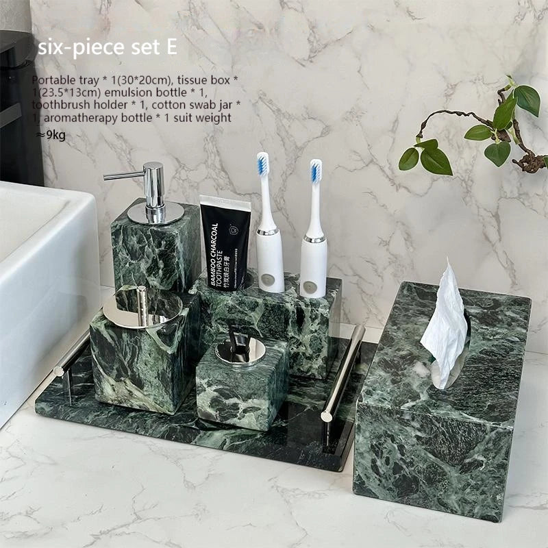 Luxury Marble Bath Set: Shampoo Bottles, Tray & Canister Organizer, Natural Stone Accessories for Home & Hotel Bathroom Decor