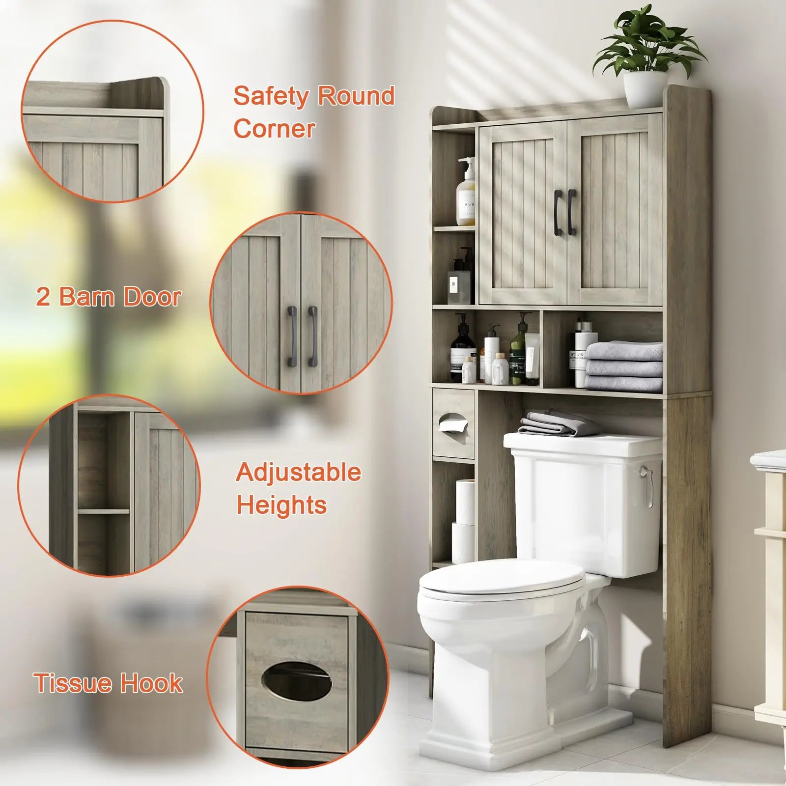 Vabches Bathroom Organizer Storage Wood Over The Toilet Storage Cabinet with Barn Doors&Toilet Paper Stand 67'' Tall Toilet Rack