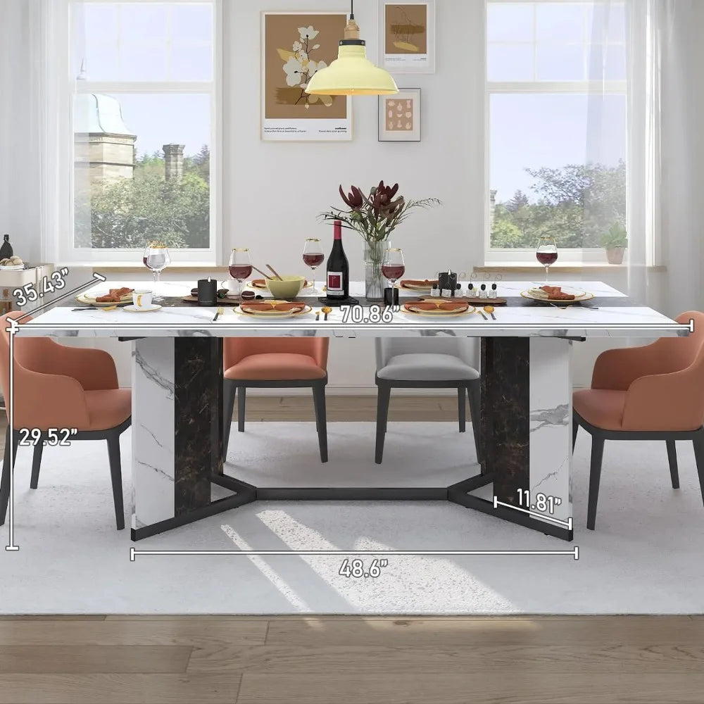 71 Inch Large Rectangular Dining Table with Marble Color Waterproof Tabletop and Adjustable Legs, 6 Feet Family Dining Table