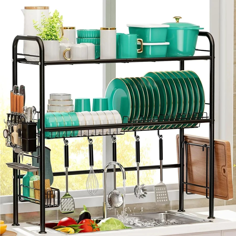 85cm Over Sink Dish Drying Rack, Large Capacity Metal Kitchen Organizer with Utensil Holder & Hooks, Space Saving For Countertop