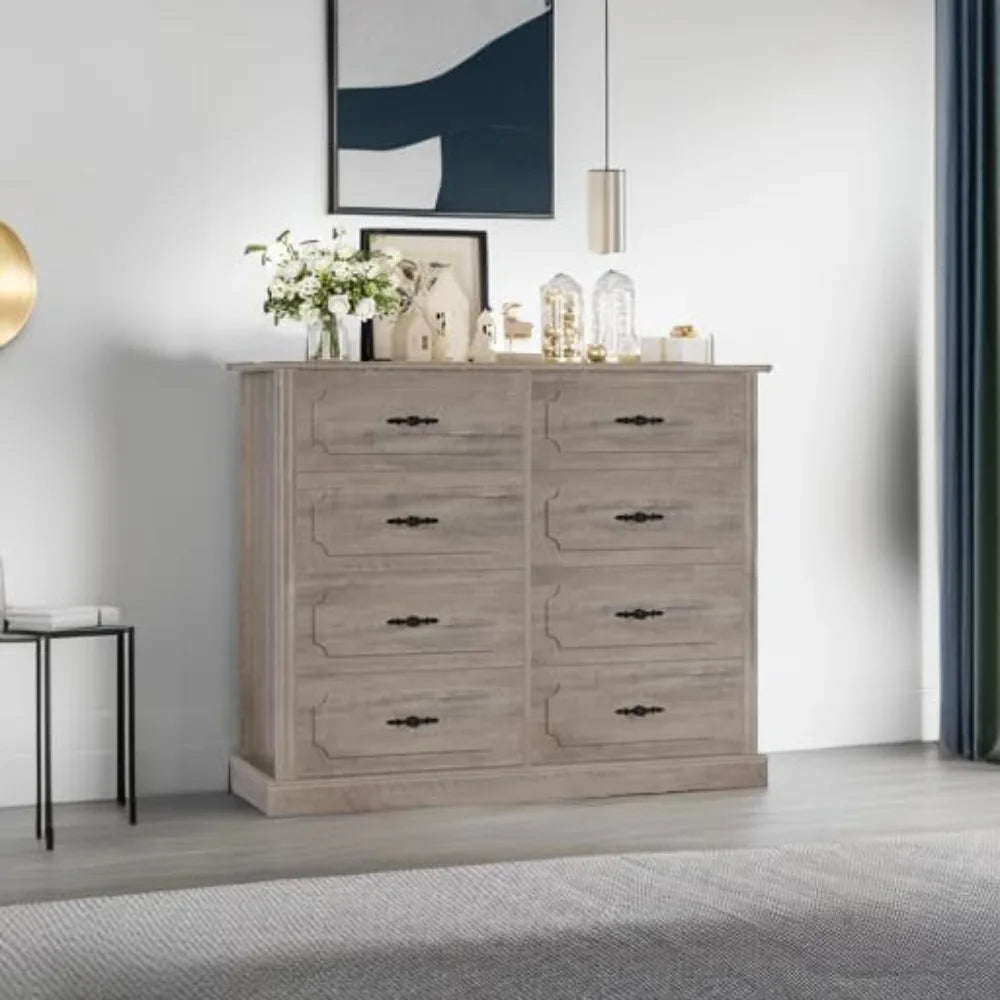 Grey Dresser Chest of Drawers, 47.2” Farmhouse Wood Dresser 8 Drawer with Steel Handles, Modern Drawers Floor Storage Cabinet f