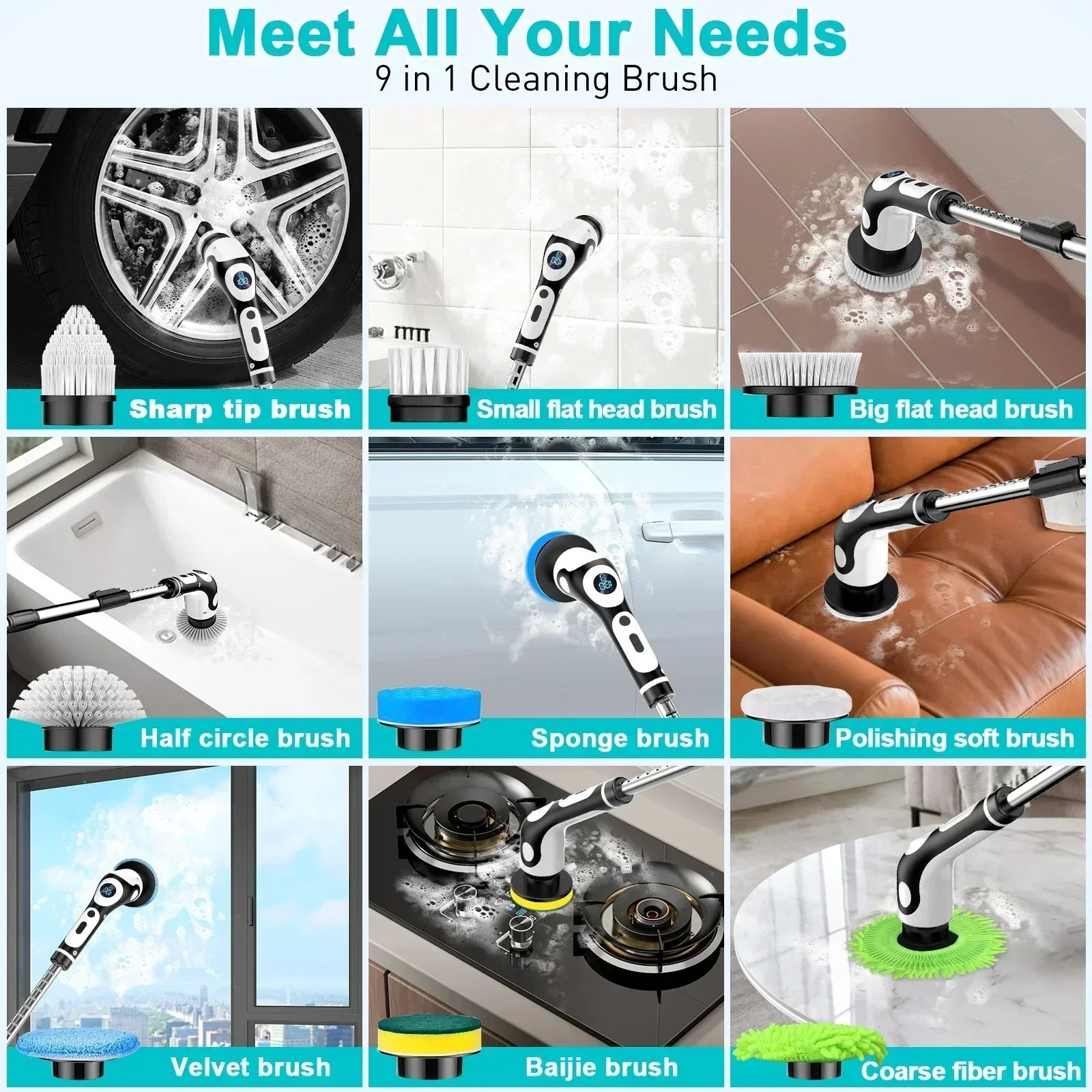 Multifunctional 11 in 1 Electric Spin Scrubber Cordless Cleaning Brush Set with 9 Interchangeable Heads for Bathroom Kitchen Car