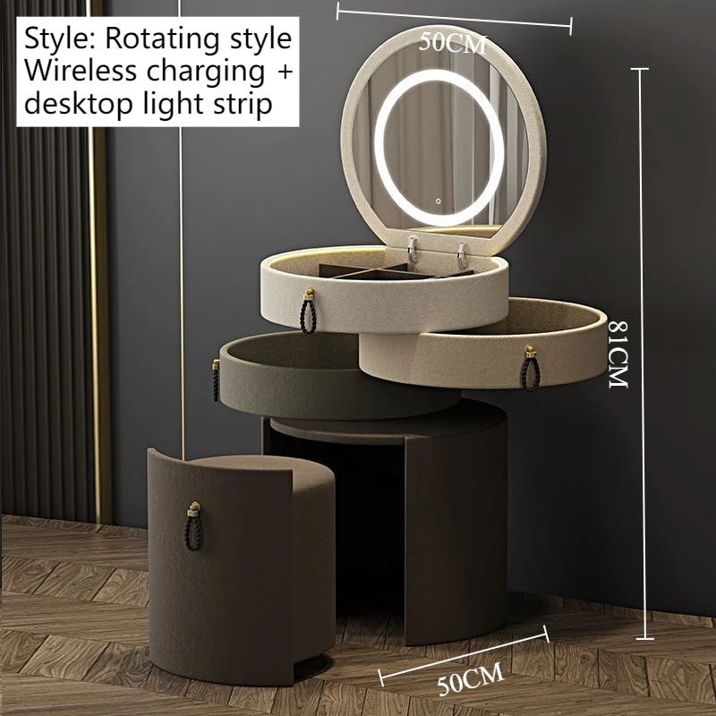 Rotary Makeup Vanities Luxury Storage Dressing Table Bedroom Organizer Makeup Vanity Illuminated Drawer Dresser with Light