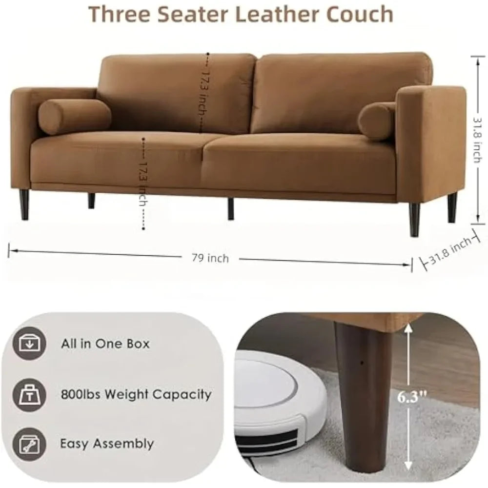 79" Mid-Century Modern Faux Leather Sofa | 3-Seat • Breathable Upholstery • Brown | Living Room/Office/Apartment
