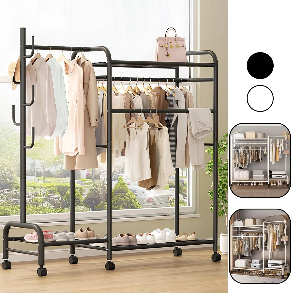 Clothes Rack Heavy Duty Coat Shelf Double-Rod Hats Clothes Rack With Hooks Hanging Clothe Organizer Floor Hangers Organizer