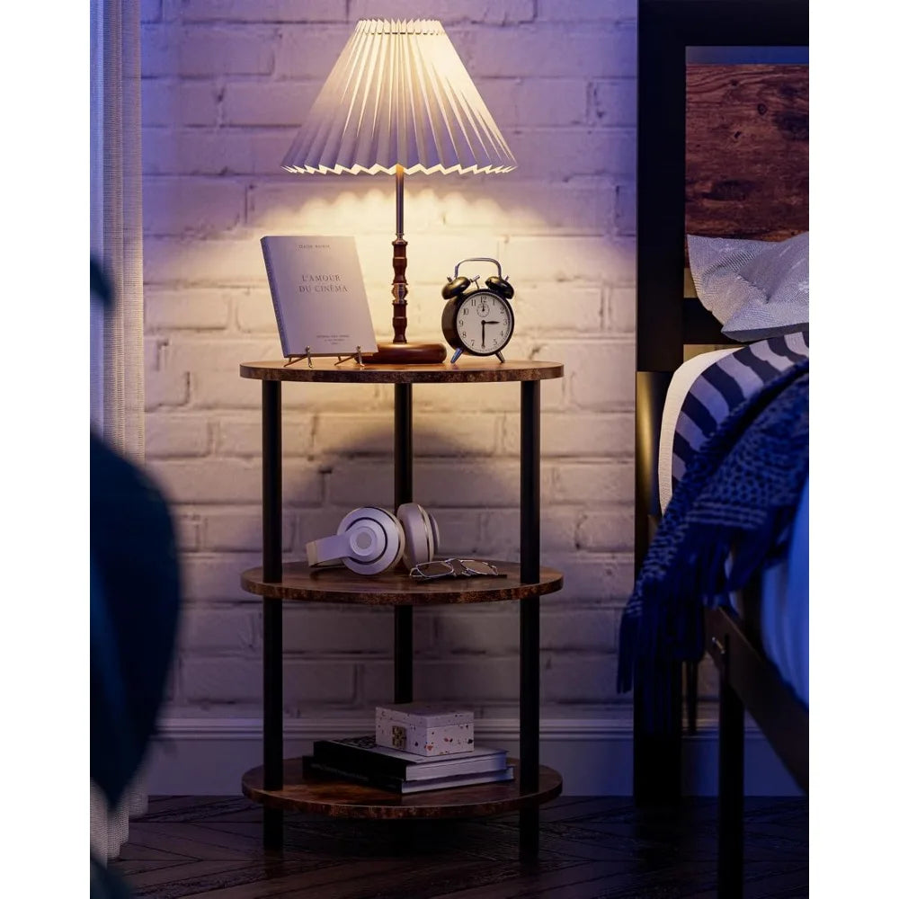 Small Round End Table - 3 Tier Design Accent Table, Narrow Side or Bedside Stand, Industrial Vintage Nightstand