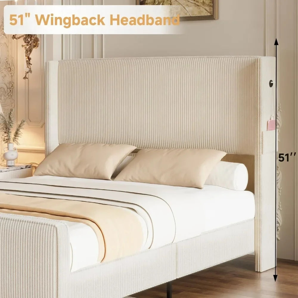 King Size Upholstered Bed Frame with USB Charging Ports - Tall Wingback Headboard & Footboard, Easy Assembly Design