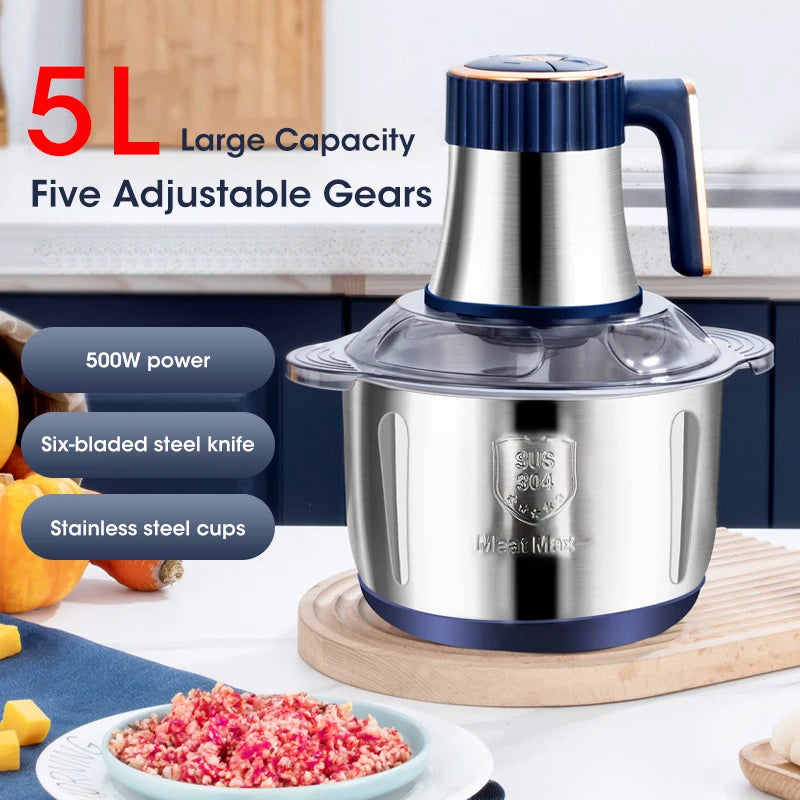 5L Electric Meat Grinder Large Capacity Stainless Steel Flour Mixer Multifunctional Kitchen Vegetable Meat Slicing Grinder Mixer