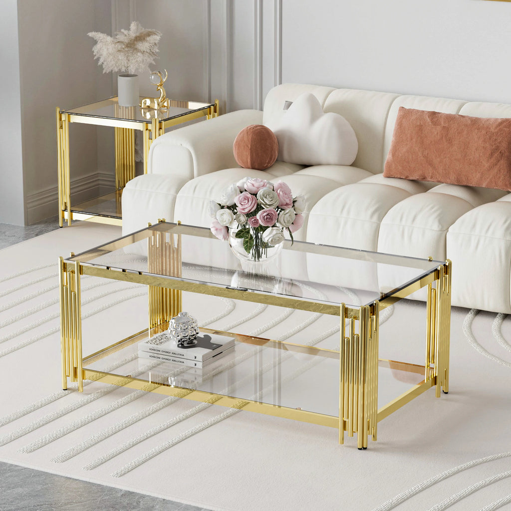 Modern luxury gold coffee table in the living room, stainless steel legs 8mm thick transparent tempered glass sofa table