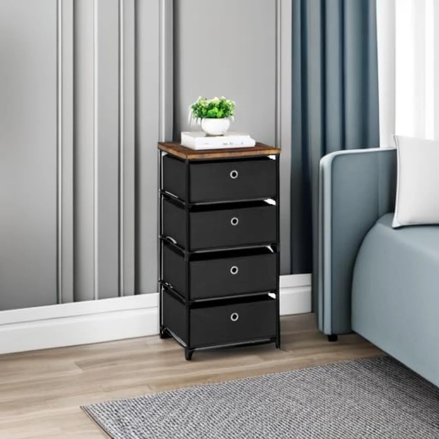 4-Drawer Fabric Closet Organizer | Foldable Clothes Storage Dresser for Bedroom/Dorm/Hallway | Easy Assembly Storage Bins, Black