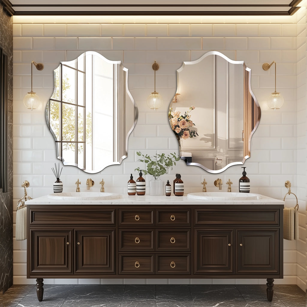 Wisfor Wall Mirror Scalloped Frameless Beveled Edge Polished for Bathroom, Living Room, Vanity, Bedroom, Slive Mirror