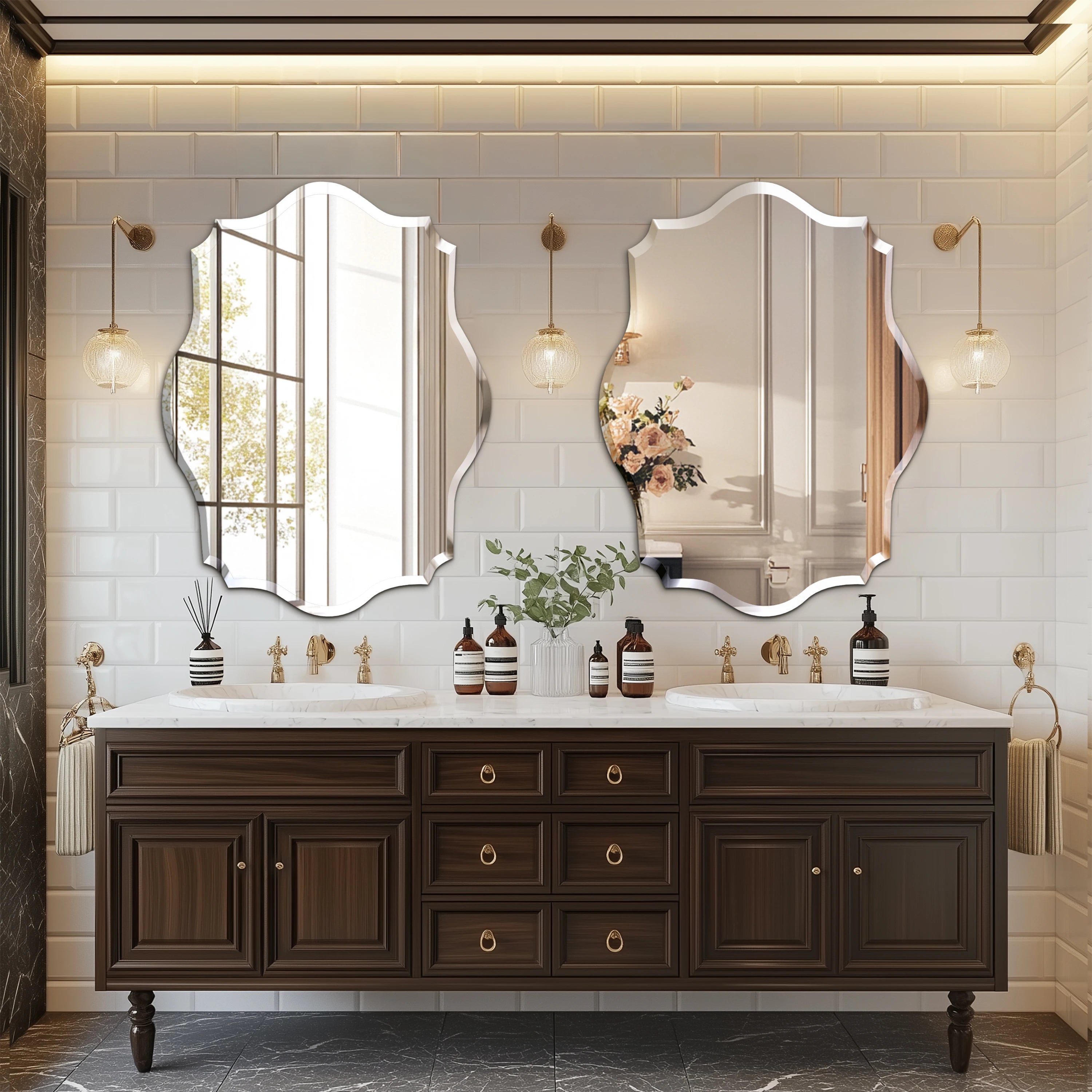 Wisfor Wall Mirror Scalloped Frameless Beveled Edge Polished for Bathroom, Living Room, Vanity, Bedroom, Slive Mirror
