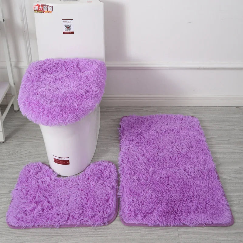 Inyahome 3pcs/set Plush Bathroom Bath Mats Set Anti Slip Toilet Rug and Toilet Lid Cover Soft Fluff Shower Carpet Floor Bath Mat
