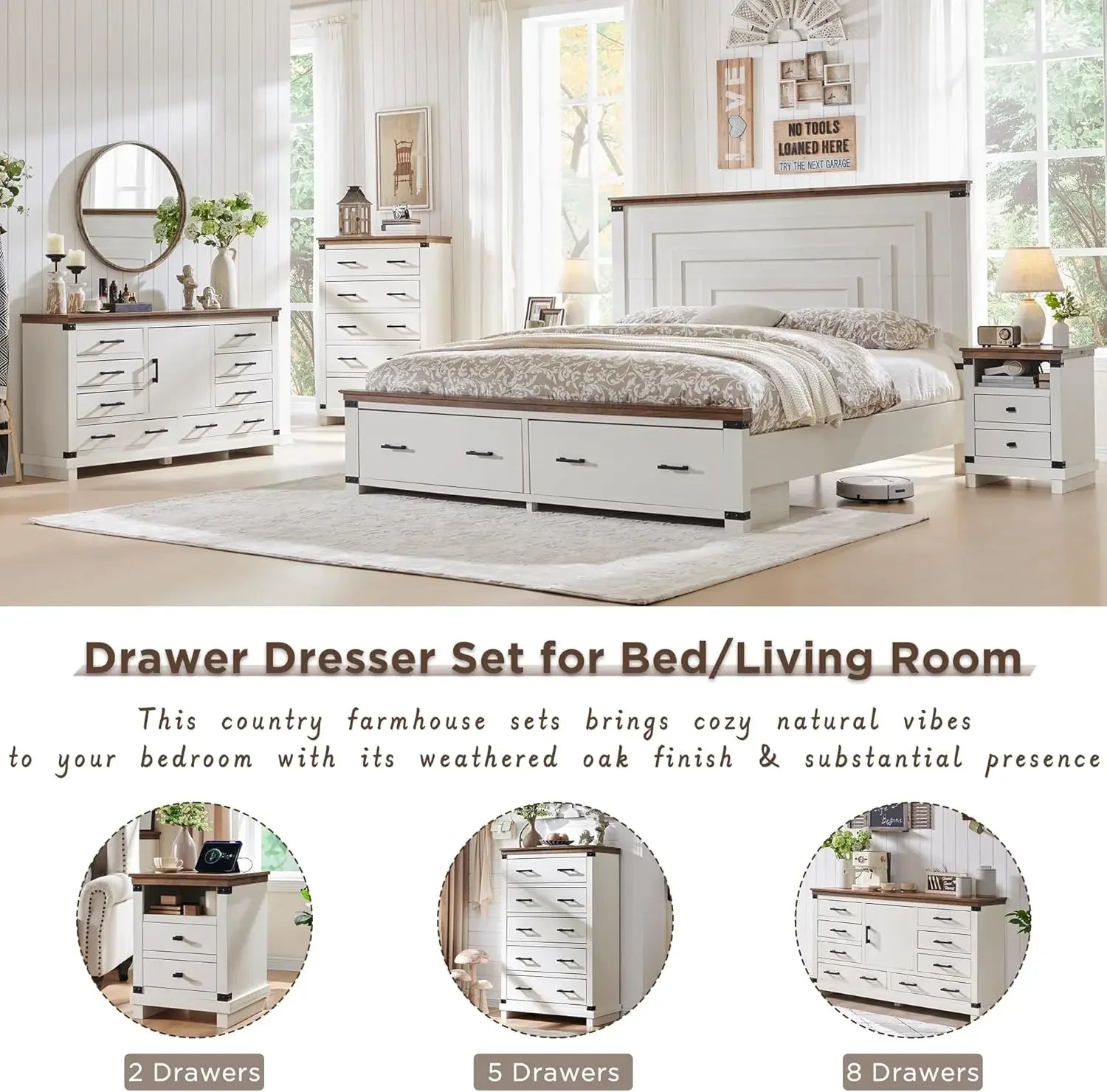 Farmhouse  Dresser, Wood Large Chest, Rustic Closet Dresser for Bedroom or Living Room, Antique White Color