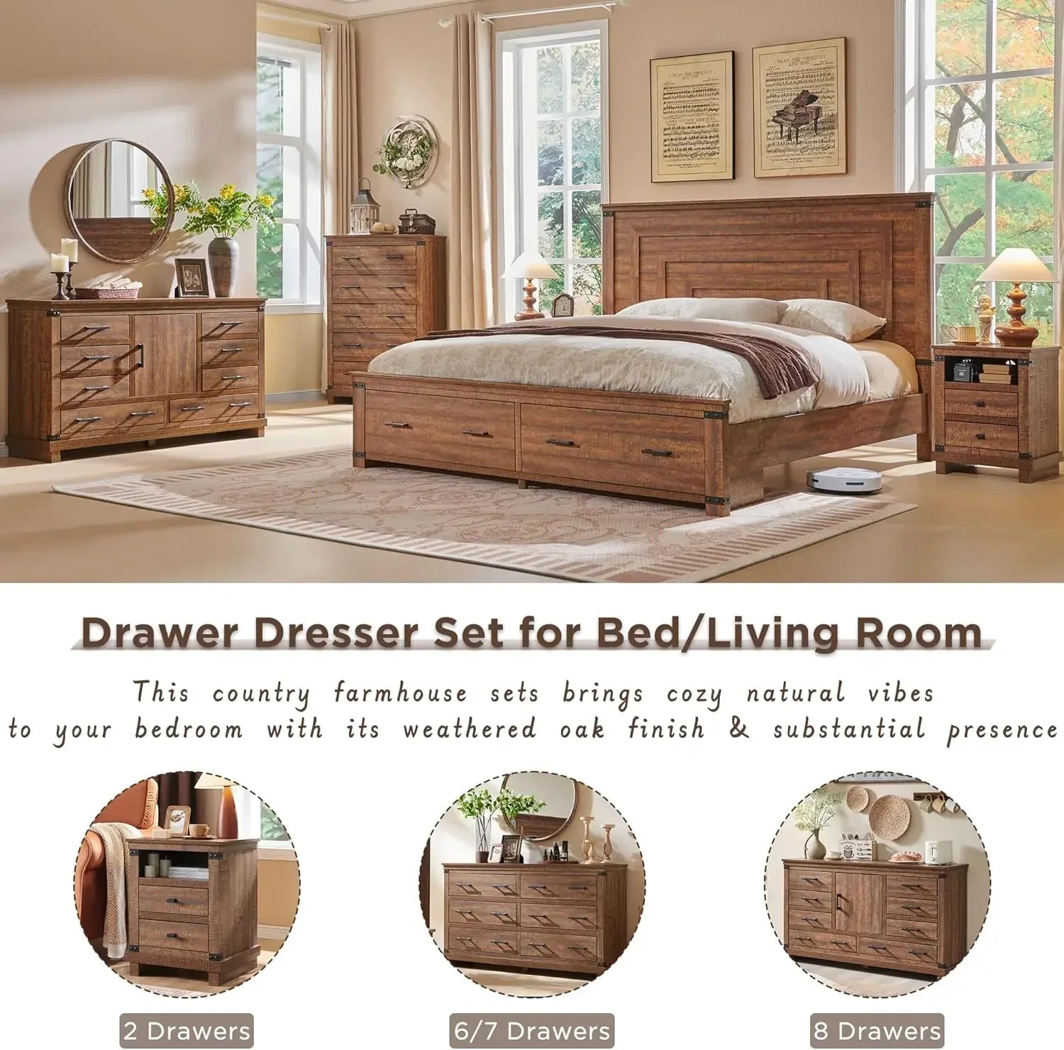 Farmhouse 5 Drawers Dresser for Bedroom, Tall Chest of Drawers with Thick Plank Styling, Wood Rustic Closet Dresser for Bedroom