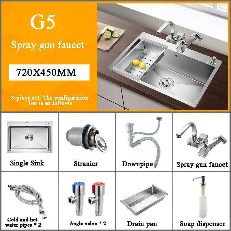 Stainless Steel Kitchen Sink Farm House Above Counter Undermounter Single Bowel Wash Basin with Faucet Drain Kitchen Accessories
