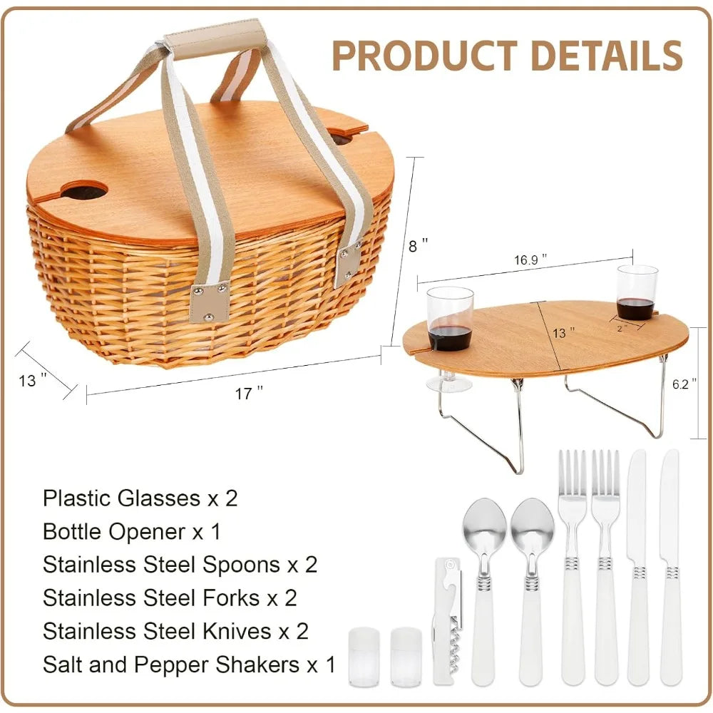 Picnic Basket for 2 with Wine Table & Cooler – Wicker Outdoor Set