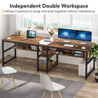 Two Person Desk with Bookshelf, 78.7" Double Computer Desk, Rustic Home Office Workstation Table | AlluCanFind