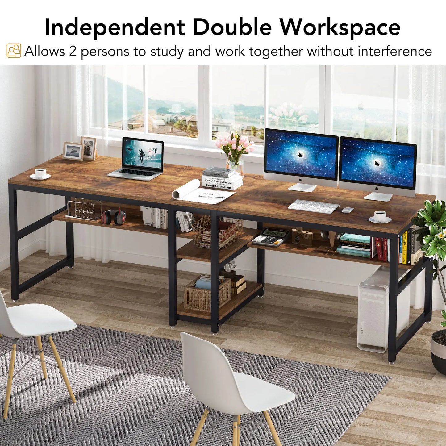 Two Person Desk with Bookshelf, 78.7" Double Computer Desk, Rustic Home Office Workstation Table | AlluCanFind