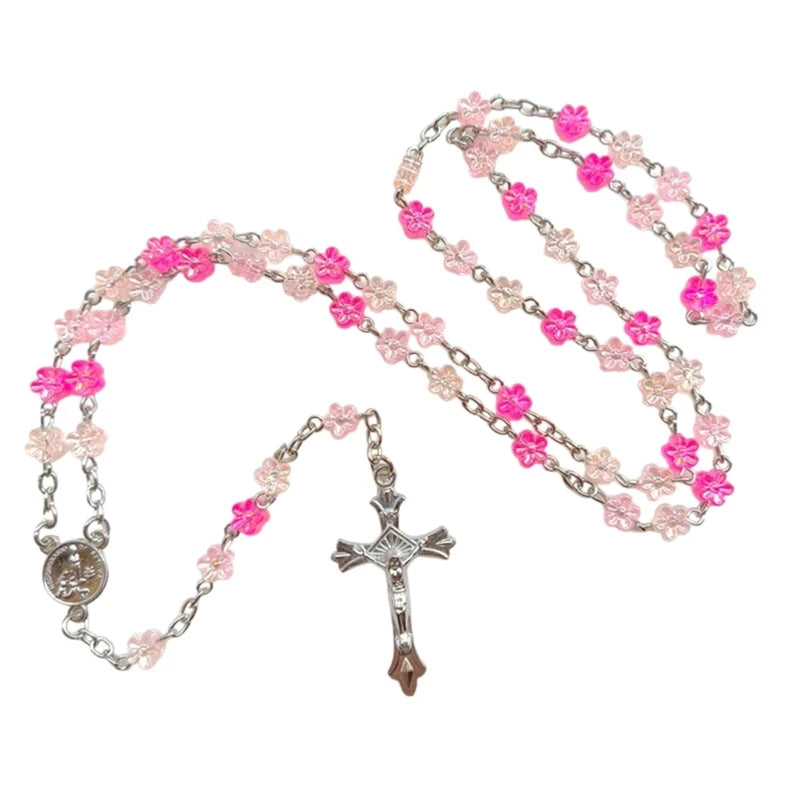 Flower Beads Crosses Rosary Necklace Hangable Pendants Long Chain for Womens Men Religious Neckchain Praying Meditations