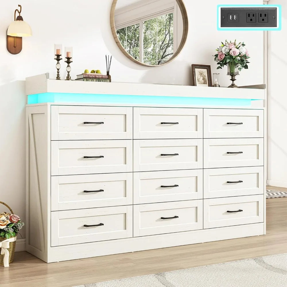 71" Wide 46" Tall Large Farmhouse 12 Drawers Dresser for Bedroom with LED Light and Power Outlets,Wood Rustic 12 Chests of Drawe