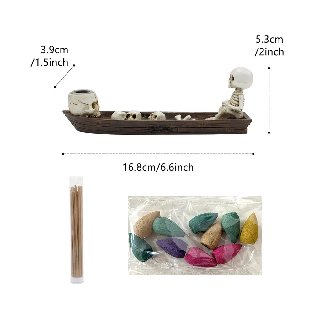 Skull Boat Incense Burner Halloween Decoration Skeleton Incense Holder Tabletop Ornament for Desk Table Cabinet Office Gift