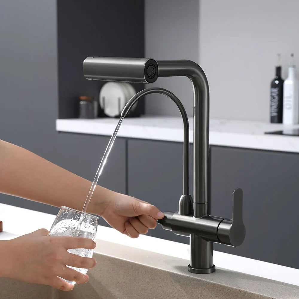 Waterfall Faucet Multi-functional 4 Mode pure Hot Cold Water Kitchen Faucet Sprayer Sink Wash Tap 360° Rotation gun gray Brushed
