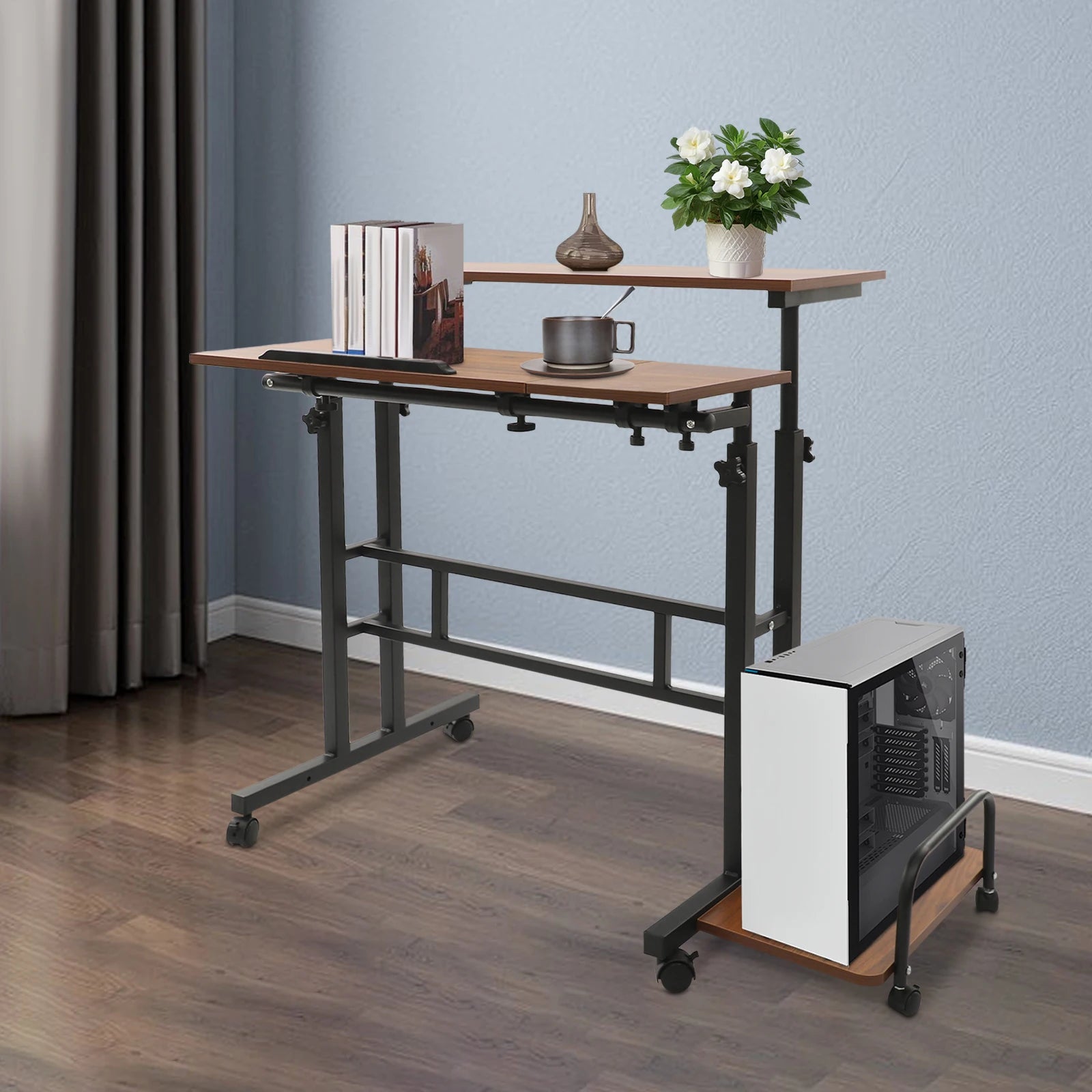 Height Adjustable 67-115CM Double Board Foldable Small Desk, Simple Office Multifunctional Computer Desk, Walnut Color