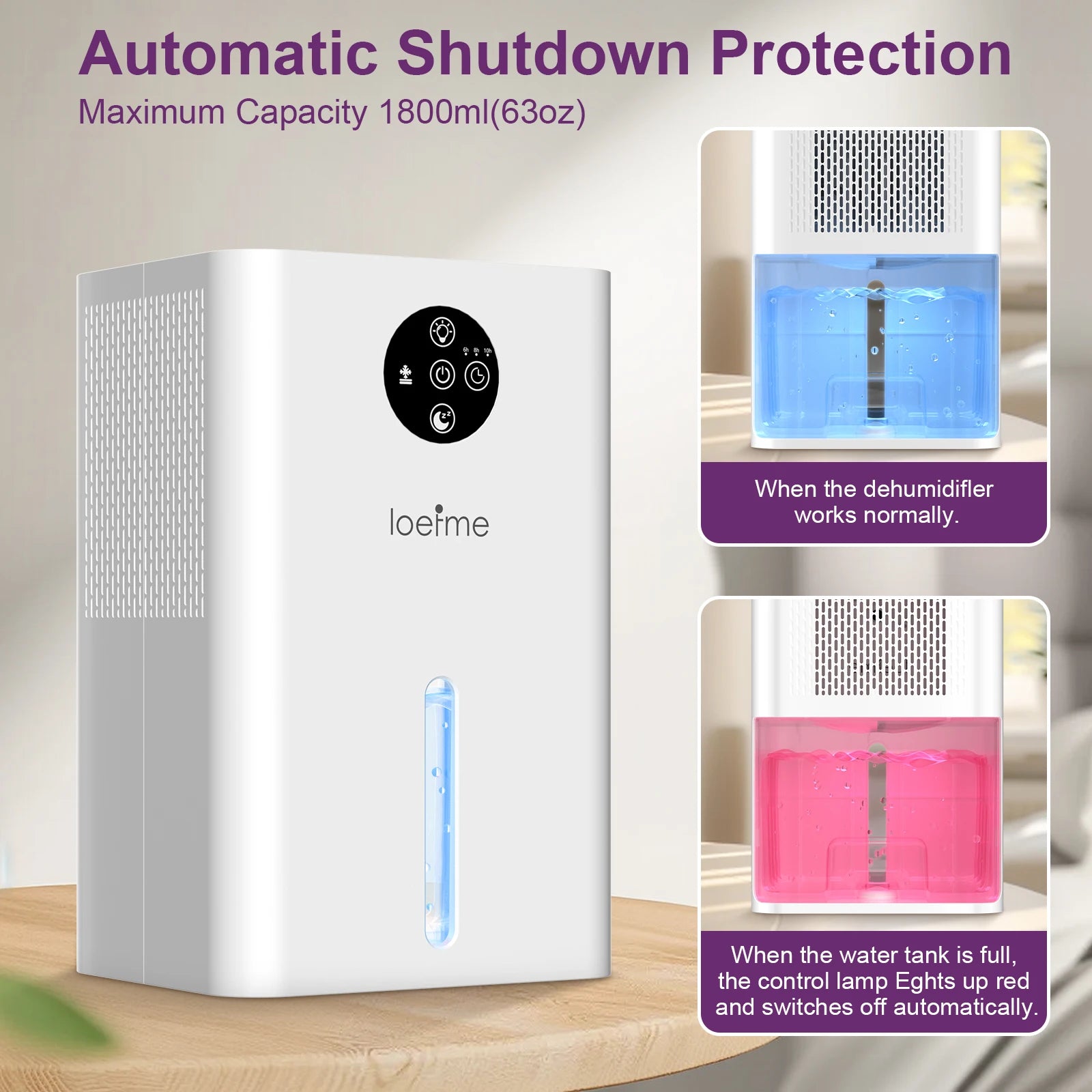 LOEFME 1.8L Silent Dehumidifier Portable Mini Air Dehumidifier with Touch Display LED Light Area 5–20m² for Home Bedroom Office