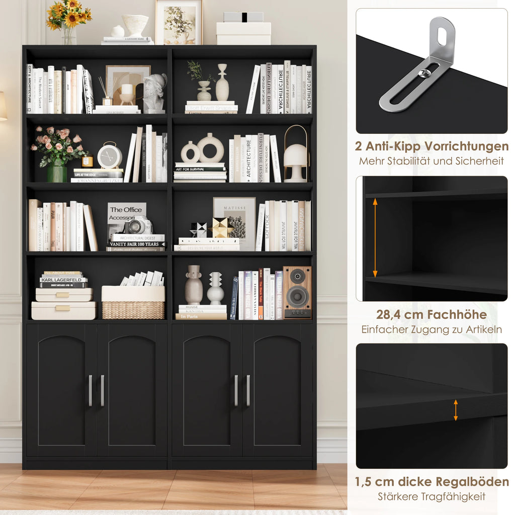 Getone Bookshelf Books wardrobe high wardrobe with 12 compartments 4 doors standing rack for living room office kitchen 115x27x185.5 cm