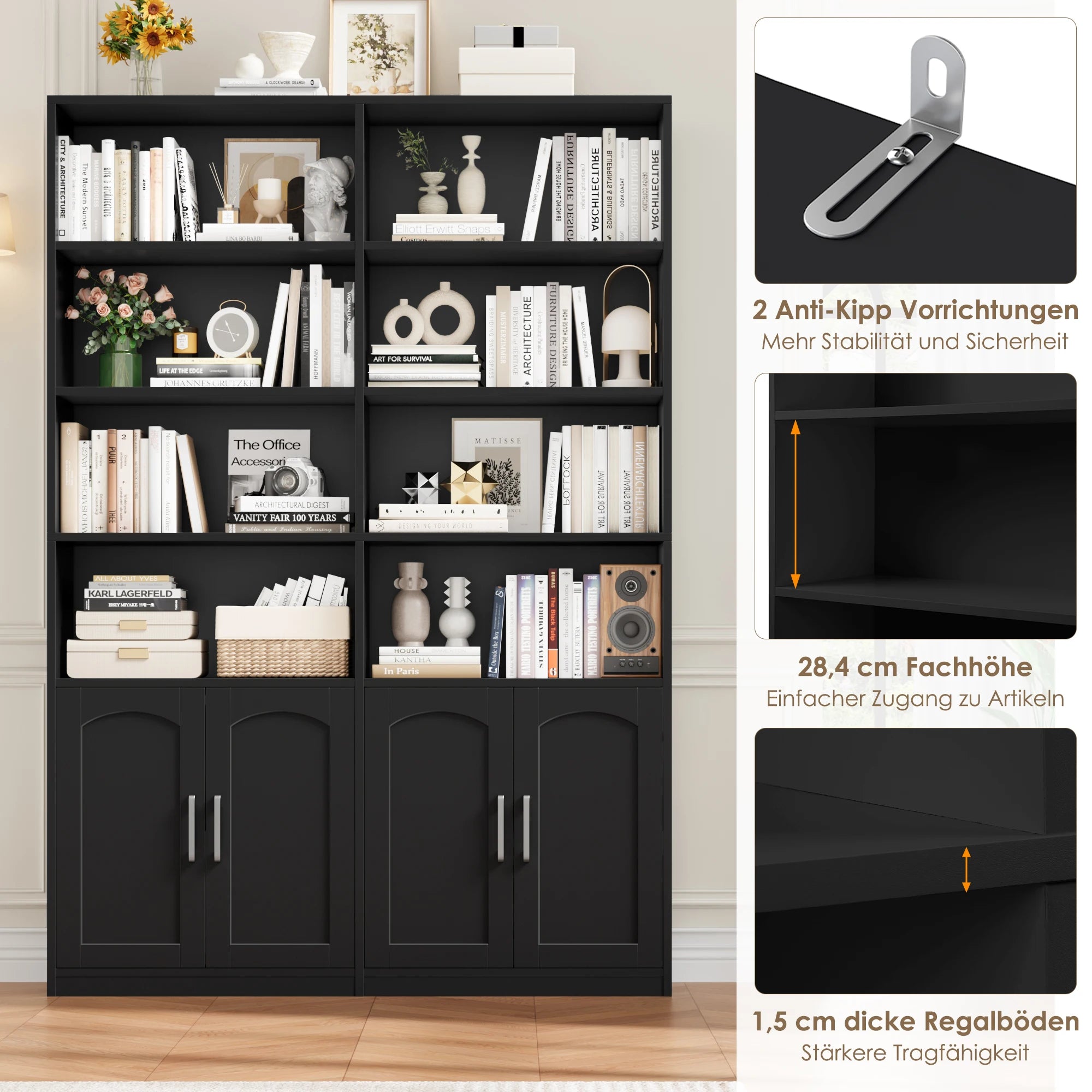 Getone Bookshelf Books wardrobe high wardrobe with 12 compartments 4 doors standing rack for living room office kitchen 115x27x185.5 cm